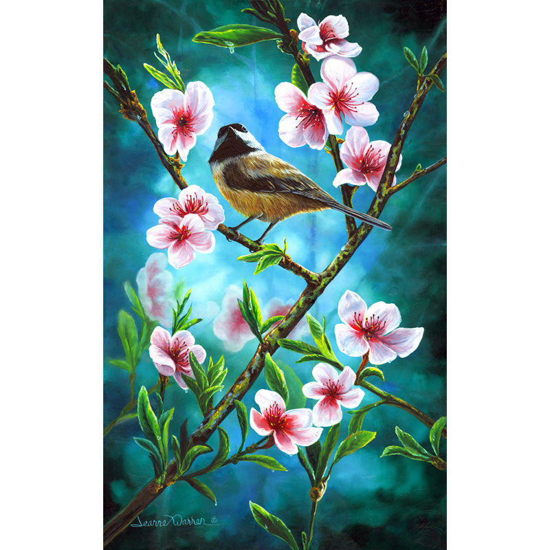 Chickadee & Flower Blossoms Art Print | "Chickadee & Blossoms" by Jeanne Warren