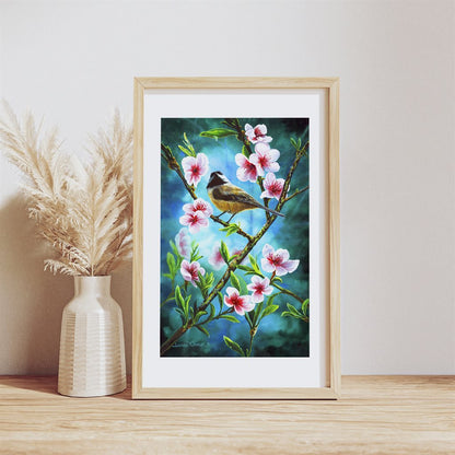 A Giclée paper art print of a black capped chickadee perched among cherry blossoms in rich teals, by Jeanne Warren