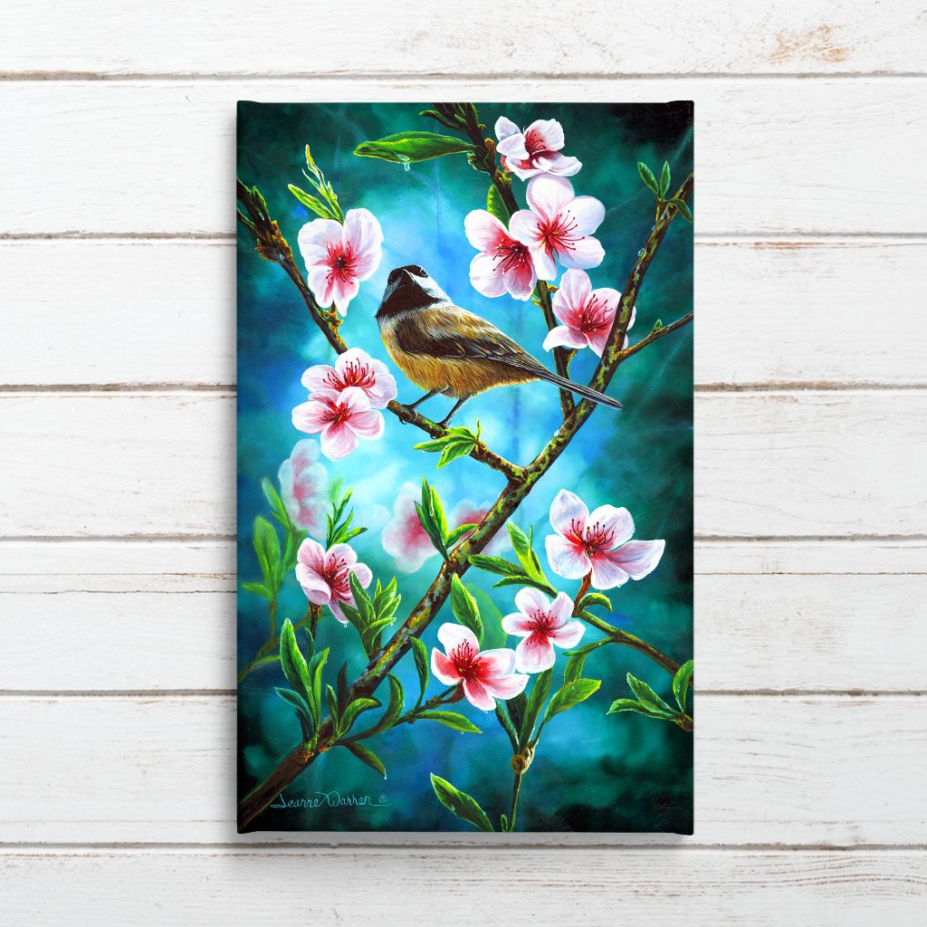 A black capped chickadee perched among cherry blossoms in rich teals, Giclee Canvas Art Print by Jeanne Warren