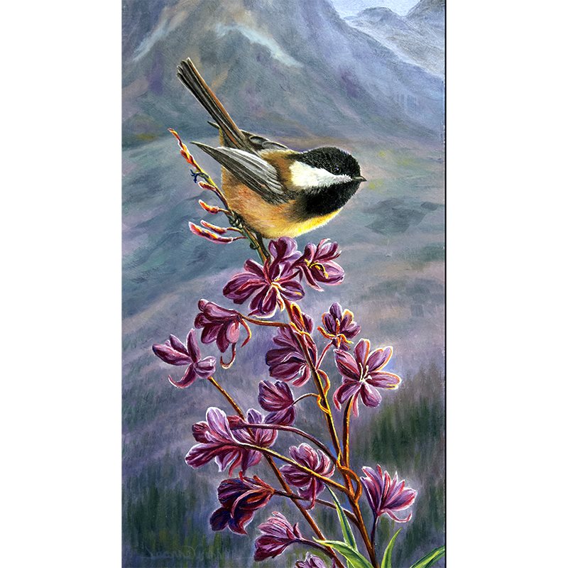 Chickadee & Fireweed Flowers Art Print | by Jeanne Warren