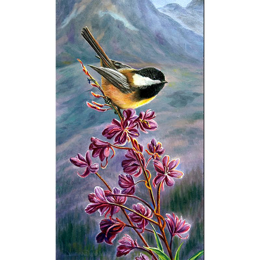 Chickadee & Fireweed Flowers Art Print | by Jeanne Warren