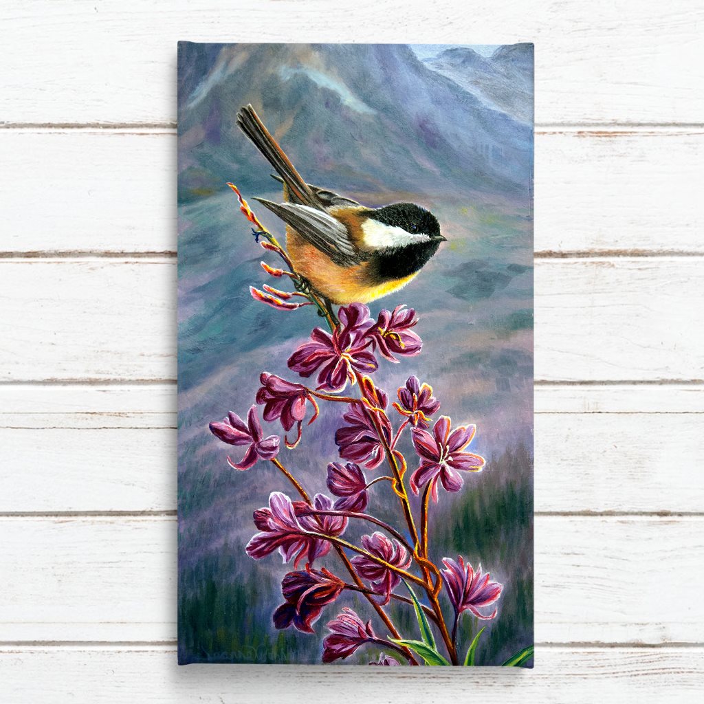 Chickadee & Fireweed Flowers Art Print | by Jeanne Warren