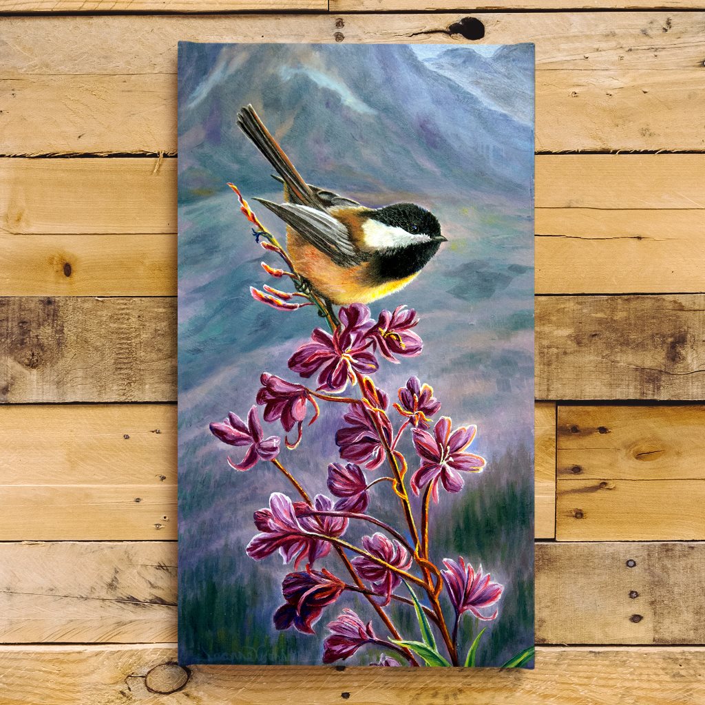 Chickadee & Fireweed Flowers Art Print | by Jeanne Warren