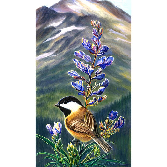 Black-capped Chickadee and Lupine Flowers Art Print | by Jeanne Warren