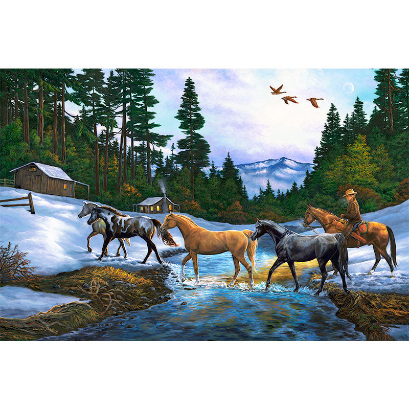Homesteader, Horses and Snow Cabin Art Print - "Coming Home"