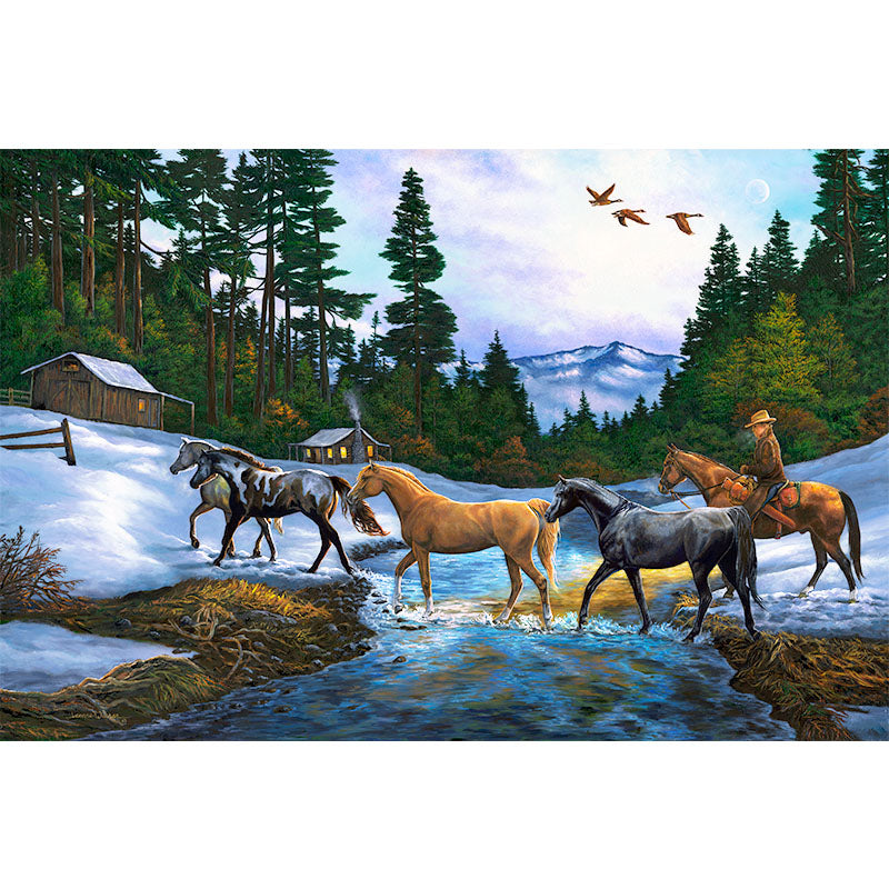 Horses and Snow Cabin Art Print - "Coming Home"