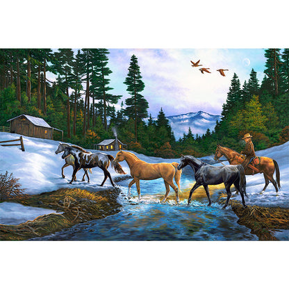 Horses and Snow Cabin Art Print - "Coming Home"