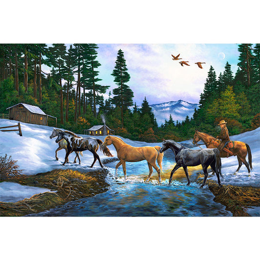 Horses and Snow Cabin Art Print - "Coming Home"