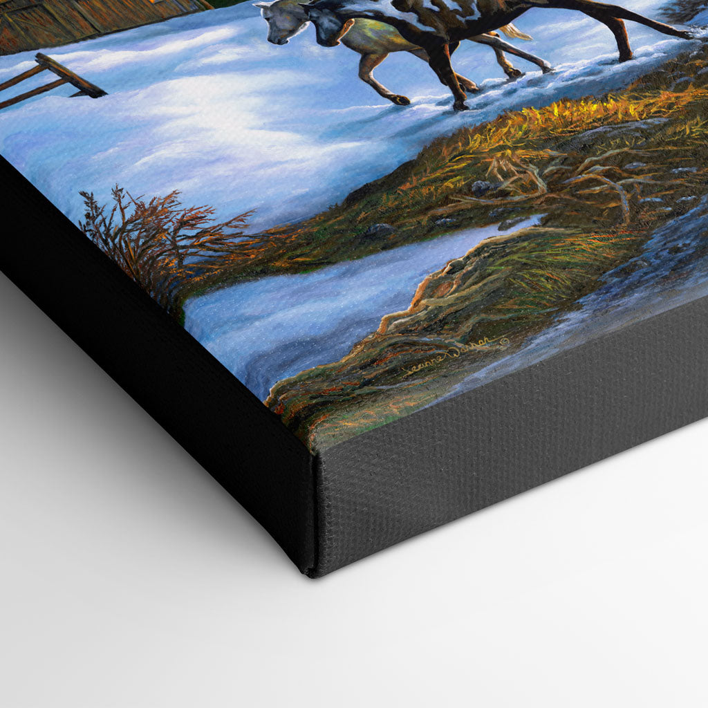 Horses and Snow Cabin Art Print - "Coming Home"