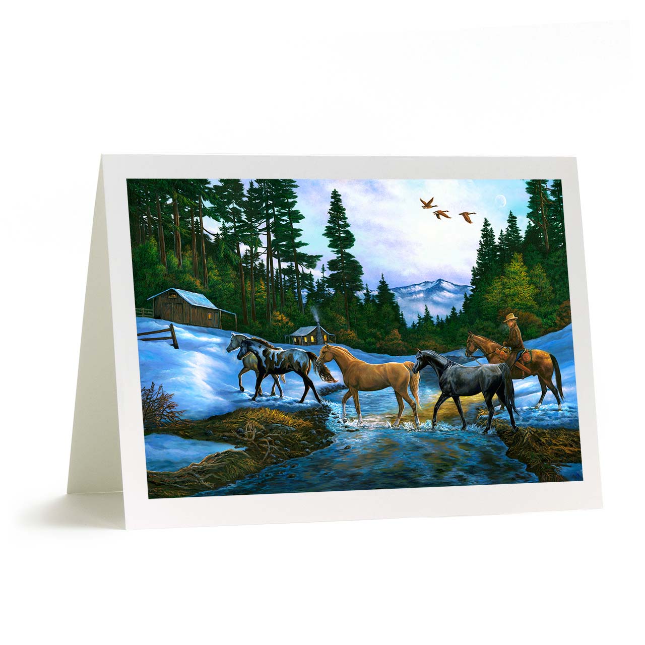 Homesteader, Horses and Snow Cabin Art Card - "Coming Home"