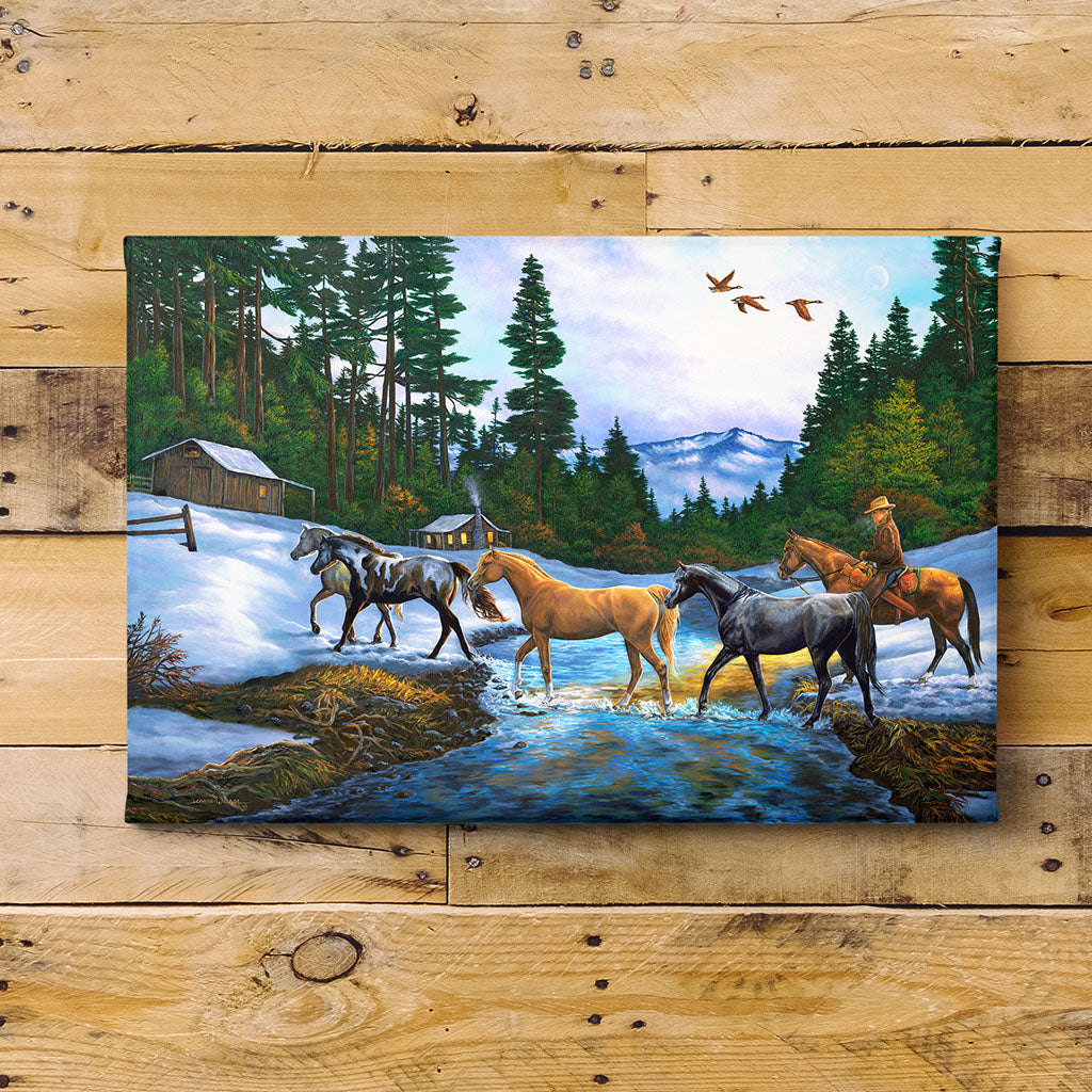 Horses and Snow Cabin Art Print - "Coming Home"