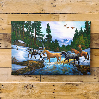 Horses and Snow Cabin Art Print - "Coming Home"