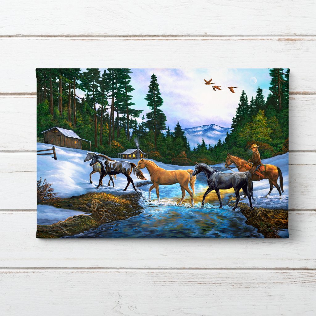 Horses and Snow Cabin Art Print - "Coming Home"