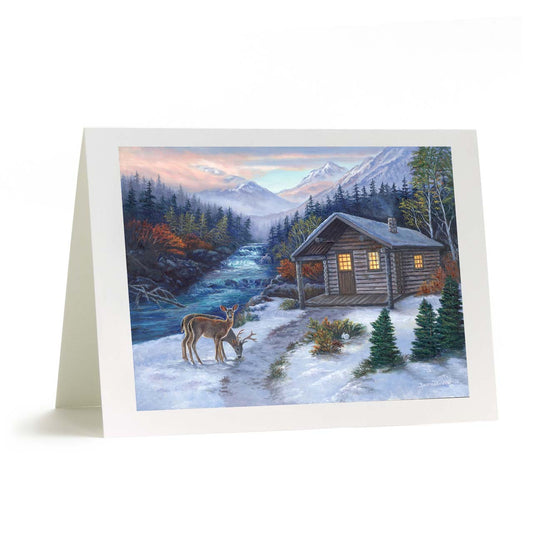 "Cozy Cabin" - Winter Log Cabin, Deer and River Art Card