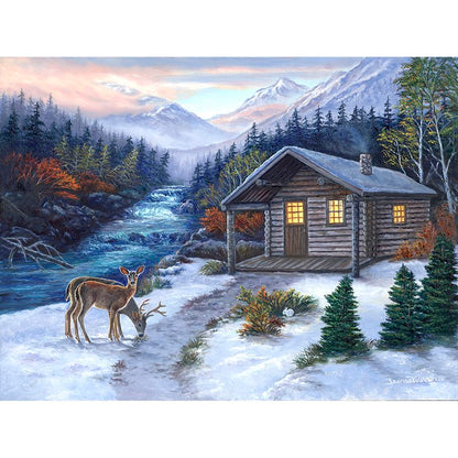 "Cozy Cabin" - Winter Log Cabin, Deer and River Art Print