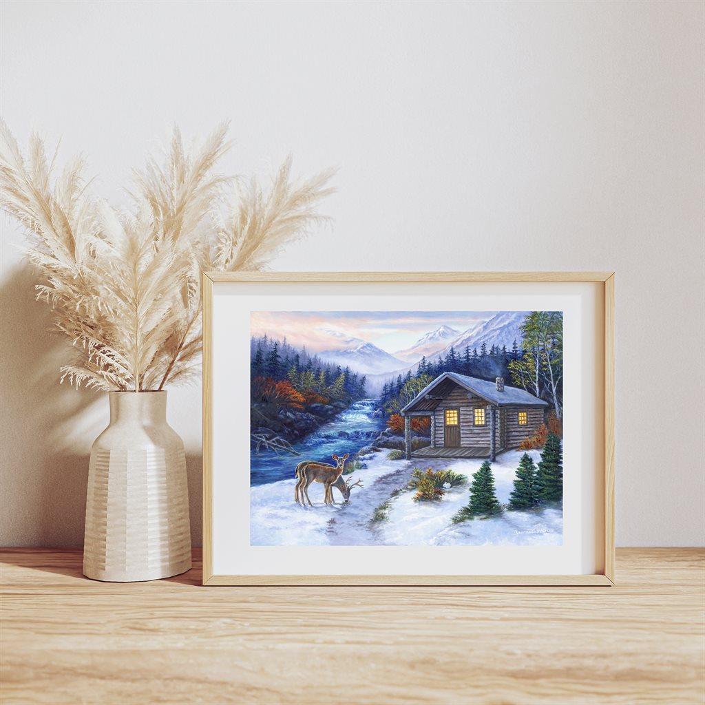 Cozy Cabin in the snow and mountain deer Giclée Paper Art Print by Wildlife Artist Jeanne Warren