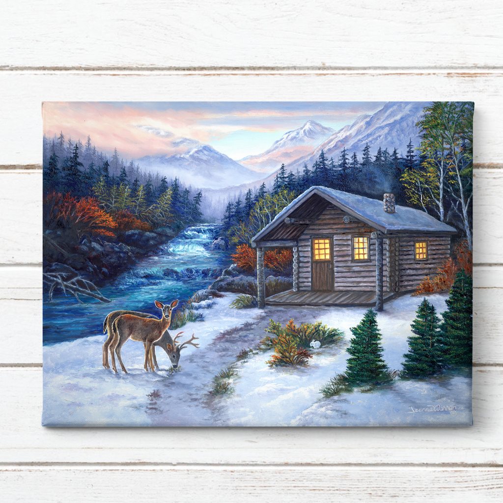"Cozy Cabin" - Winter Log Cabin, Deer and River Art Print
