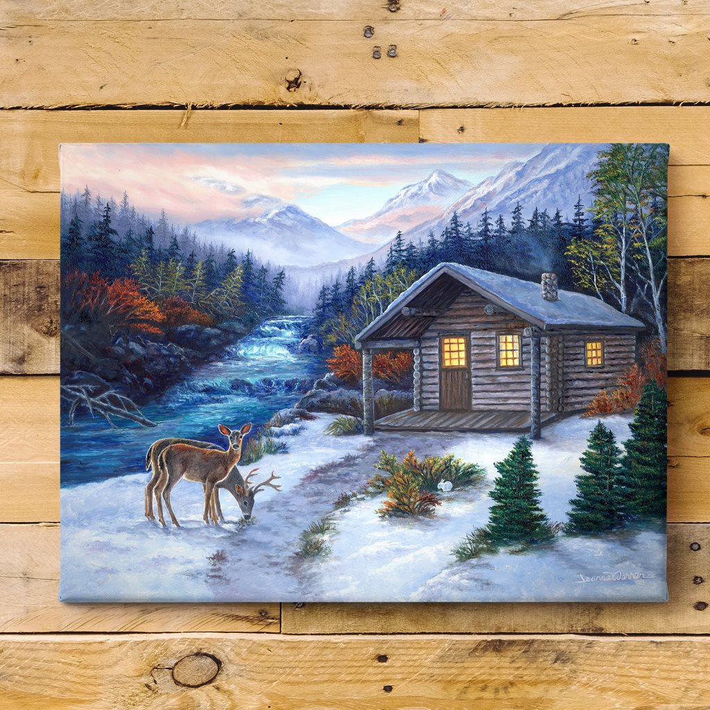 Cozy Cabin in the snow and mountain deer Giclée Canvas Art Print on wood shiplap by Wildlife Artist Jeanne Warren
