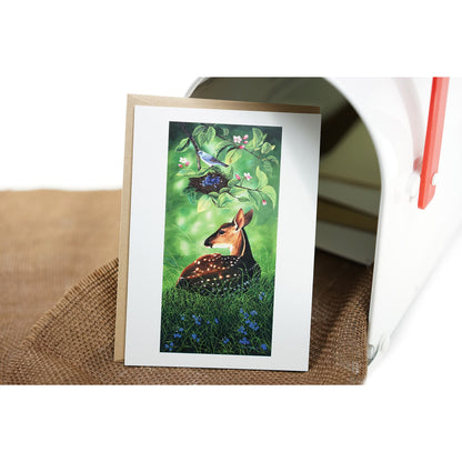Baby Deer, Blue Bird, and Apple Blossoms Art Card - "Blue Morning"