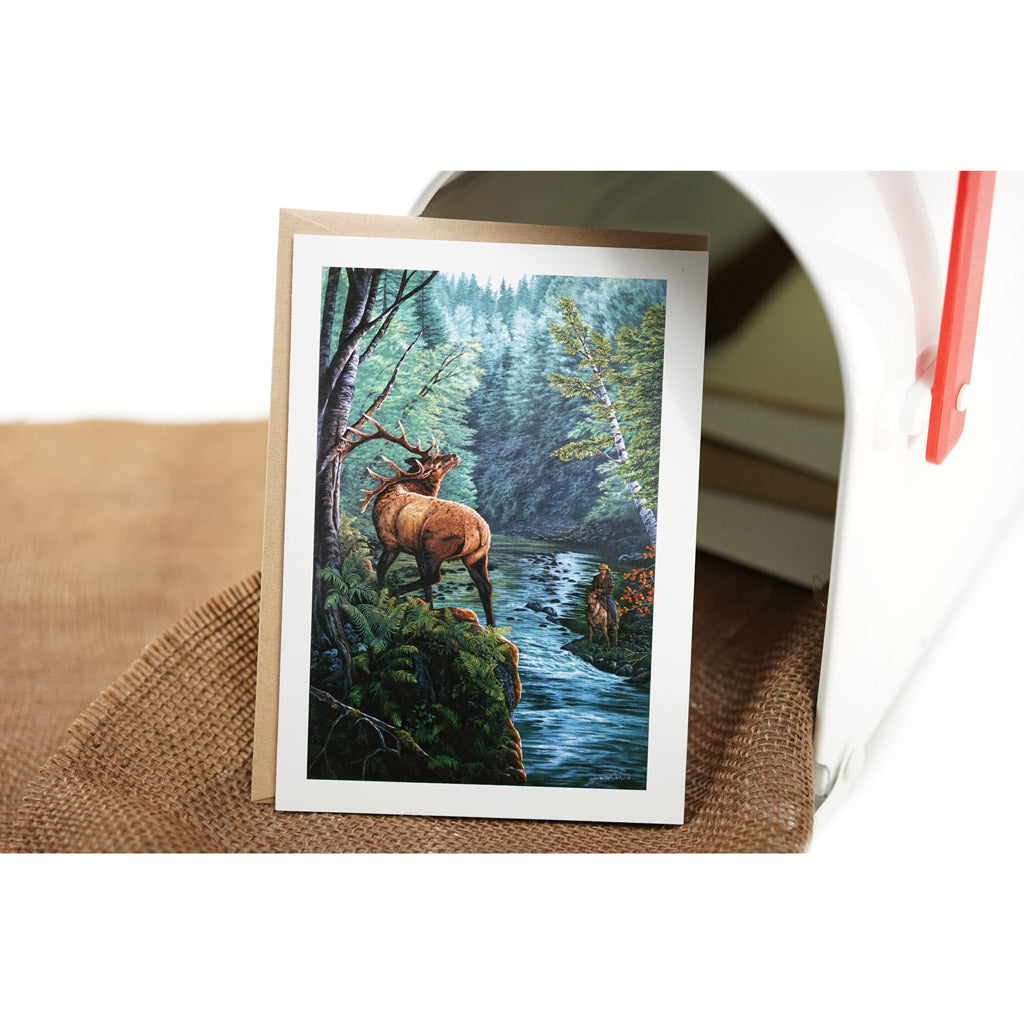 Roosevelt Bull Elk and Hunter Art Greeting Card - "Edge Elk"