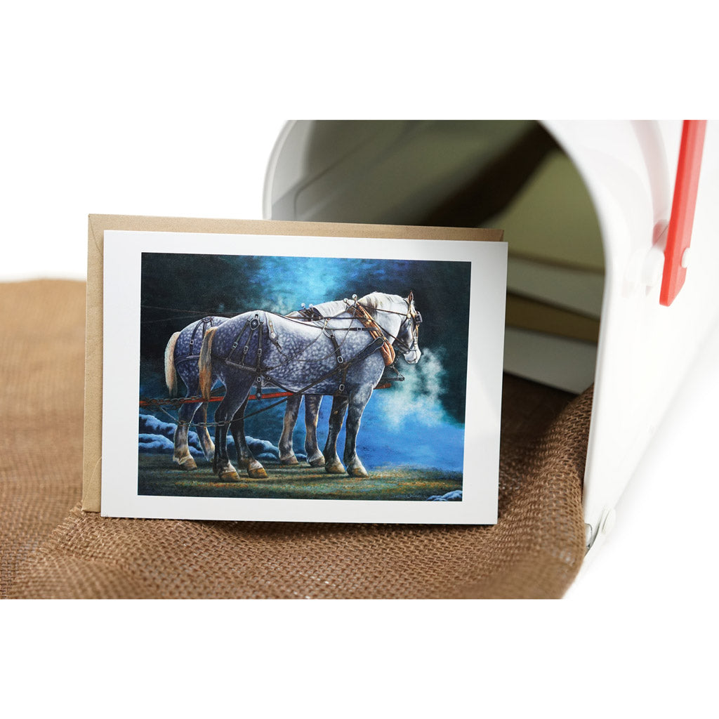 "Break Time" - Winter Draft Horses Percheron Art Card