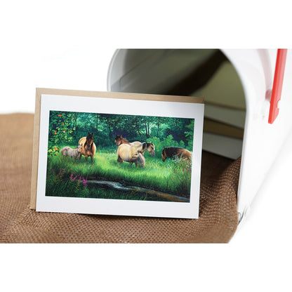 Kiger Mustang Herd in Meadow Art Greeting Card - "Quiet Morning"