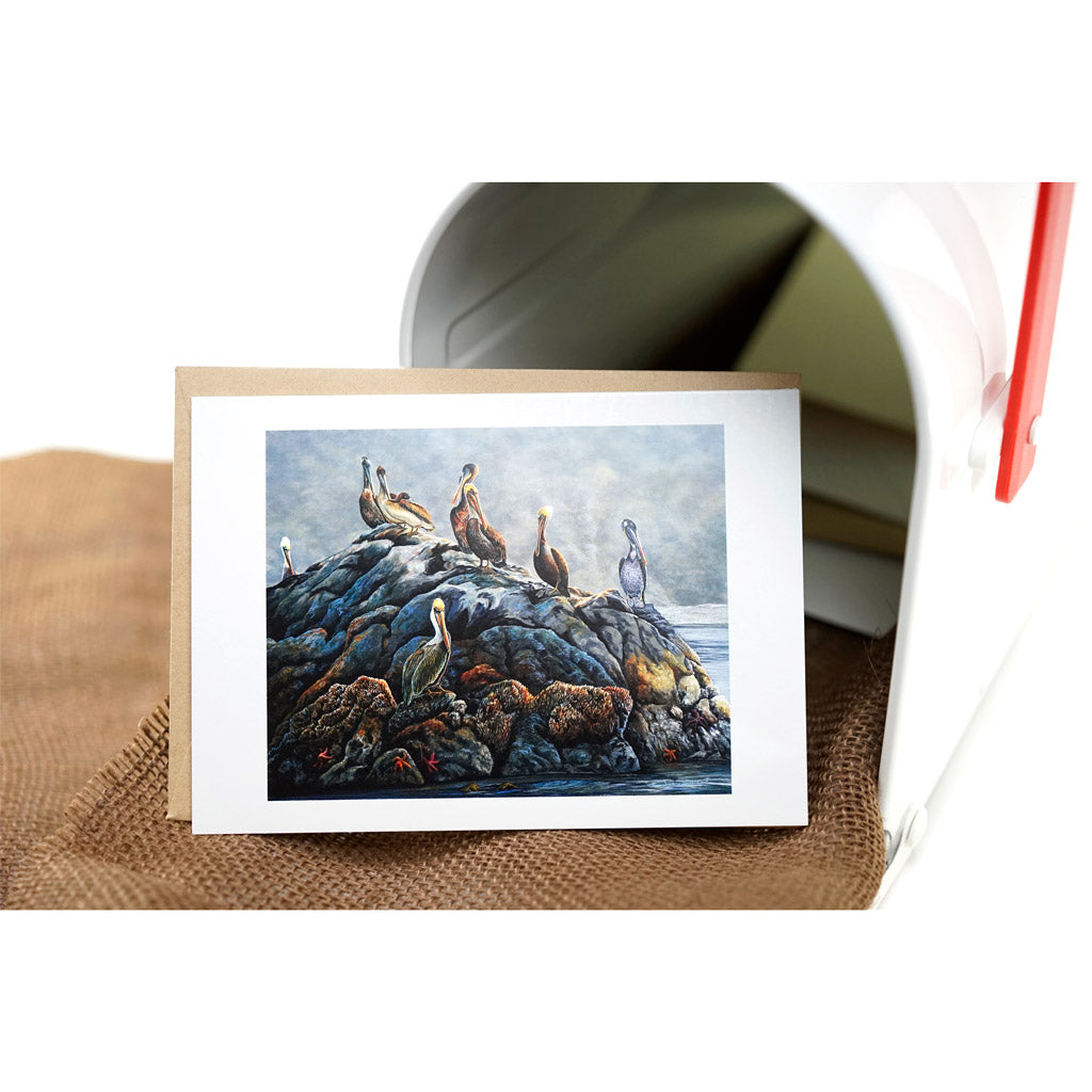 Brown Sea Pelicans Art Greeting Card - "Rockin Out"