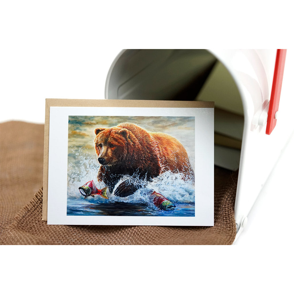 "Fast Food" - Grizzly Bear Catching Salmon Art Greeting Card