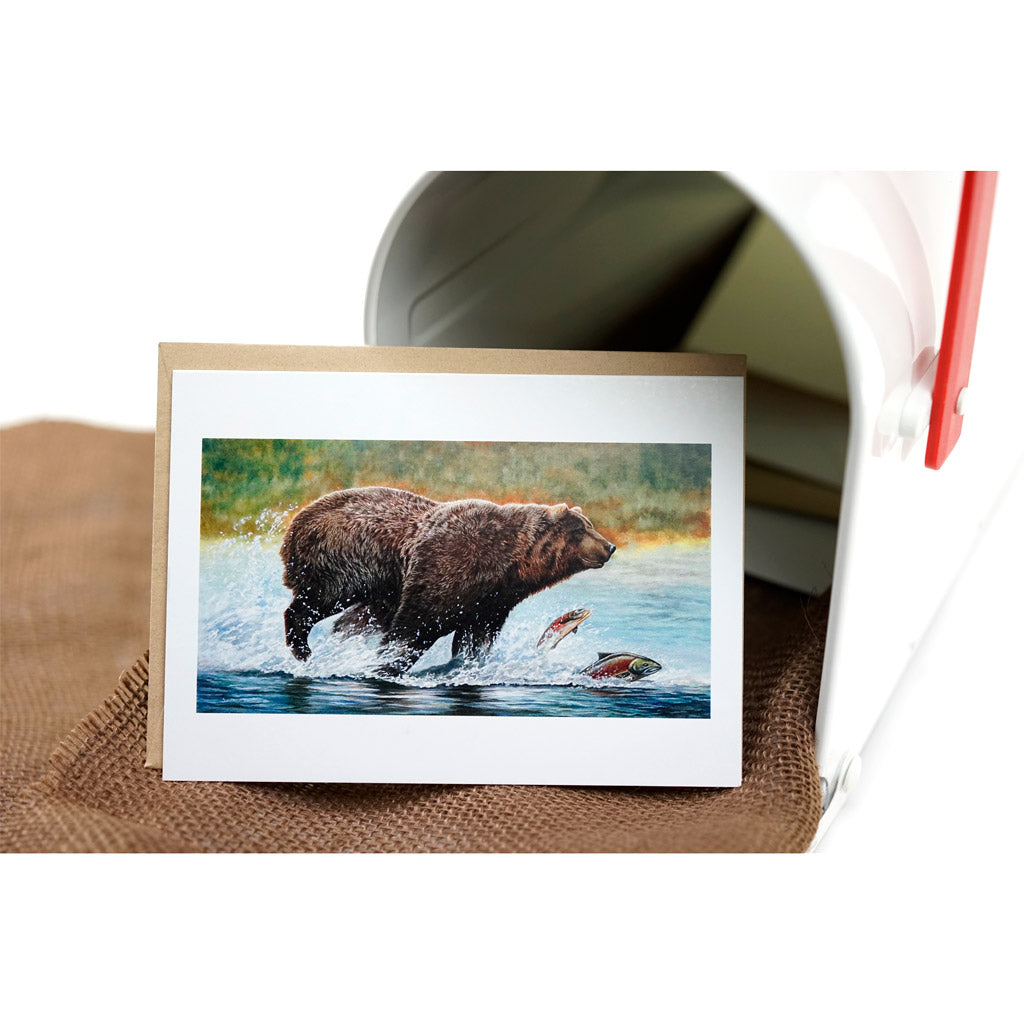 Grizzly Bear and Salmon Art Greeting Card - "Chase On"