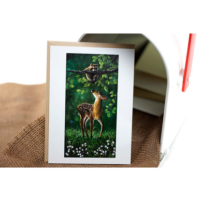 Baby Deer and Raccoon Art Greeting Card - "Looking Up"