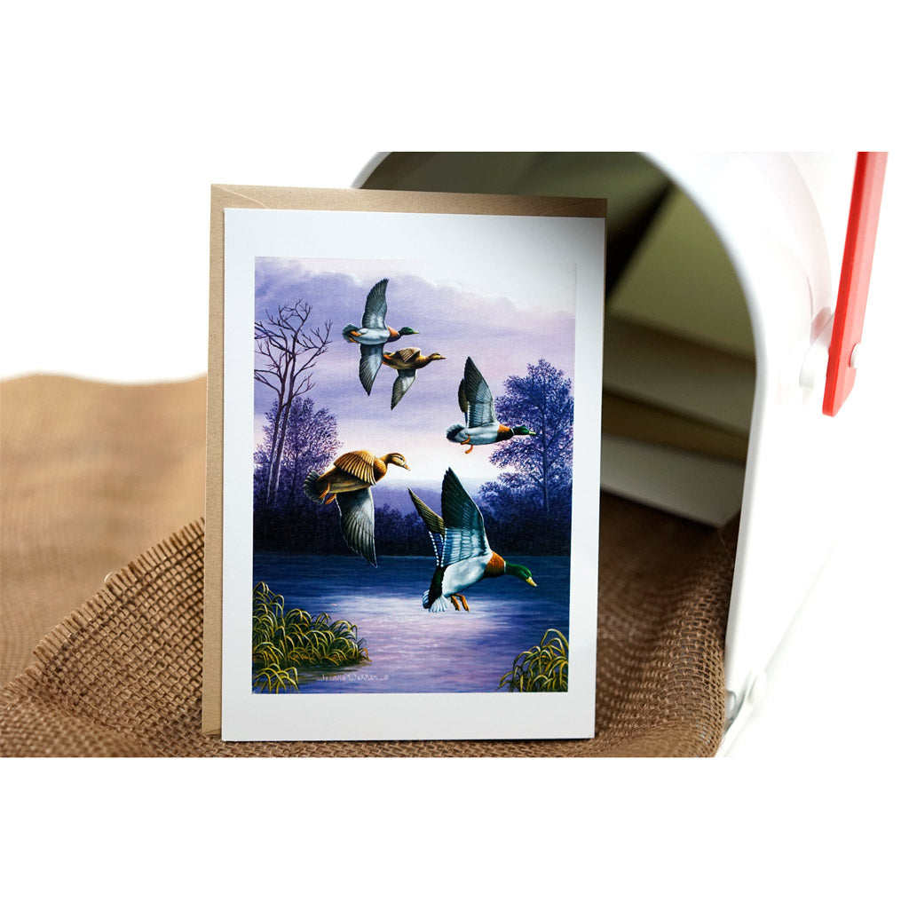 Mallard Ducks in Flight Art Greeting Card - "Green Heads"