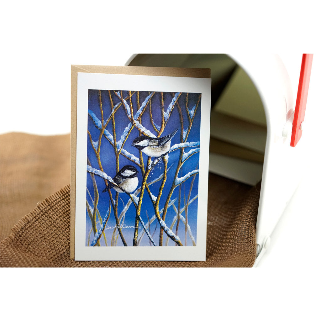 Chickadees and Snow Art Greeting Card - "Snow Birds"