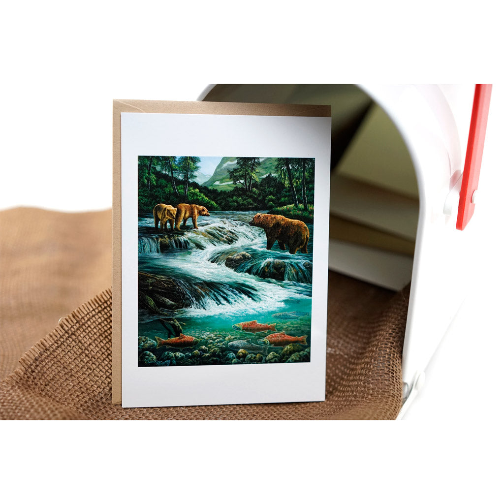 "Flowing Abundance" - Grizzly Bears and Salmon Art Greeting Card