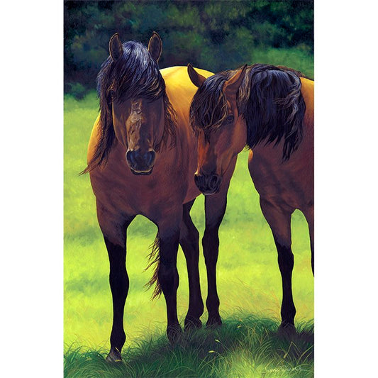 Kiger Mustang Mare and Stallion Art Print - Horses in standing in green pasture - Original Oil Painting by Jeanne Warren