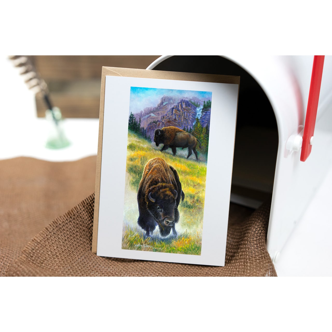 Bison Buffalo and Montana Mountains Art Card - "Double Threat"