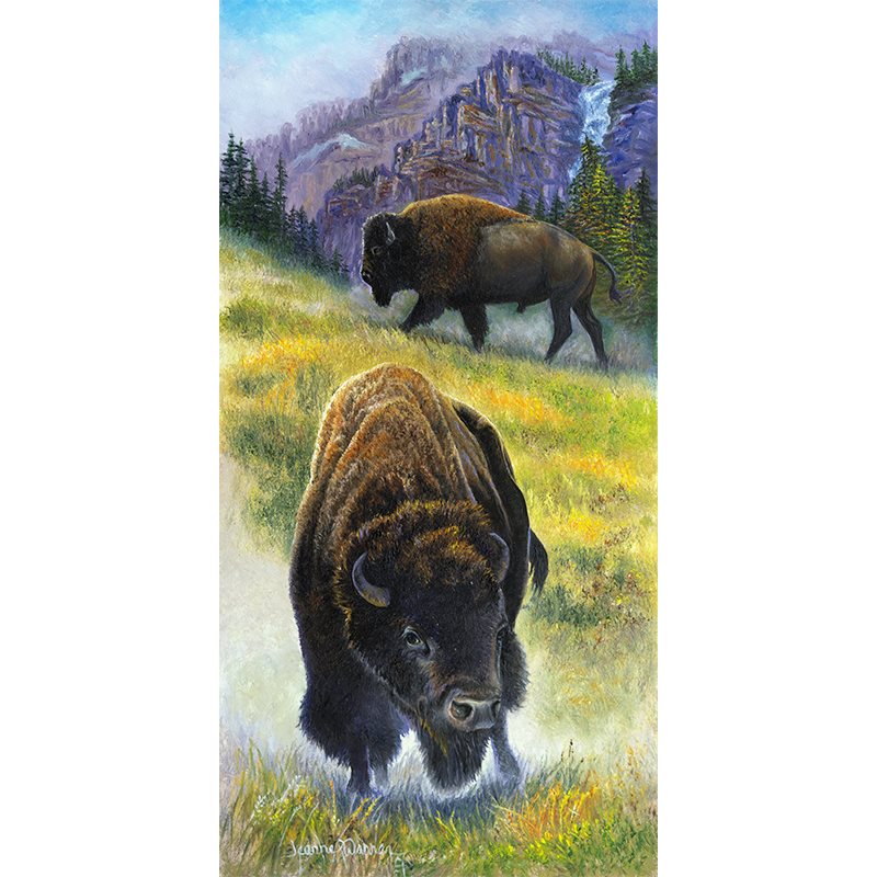 Two Bison Buffalo walking on grassy mountain plains. Oil painting "Double Threat" by Jeanne Warren