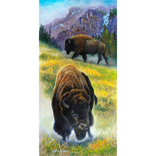 Two Bison Buffalo walking on grassy mountain plains. Oil painting "Double Threat" by Jeanne Warren