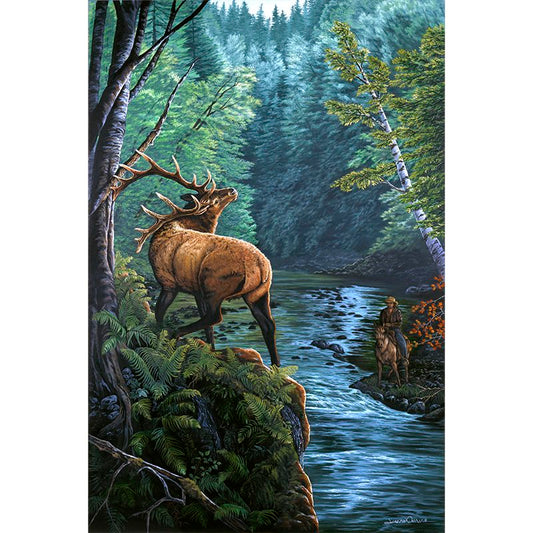Eight point Elk and horseback hunter in pacific northwest. Oil painting "Edge Elk" by Jeanne Warren