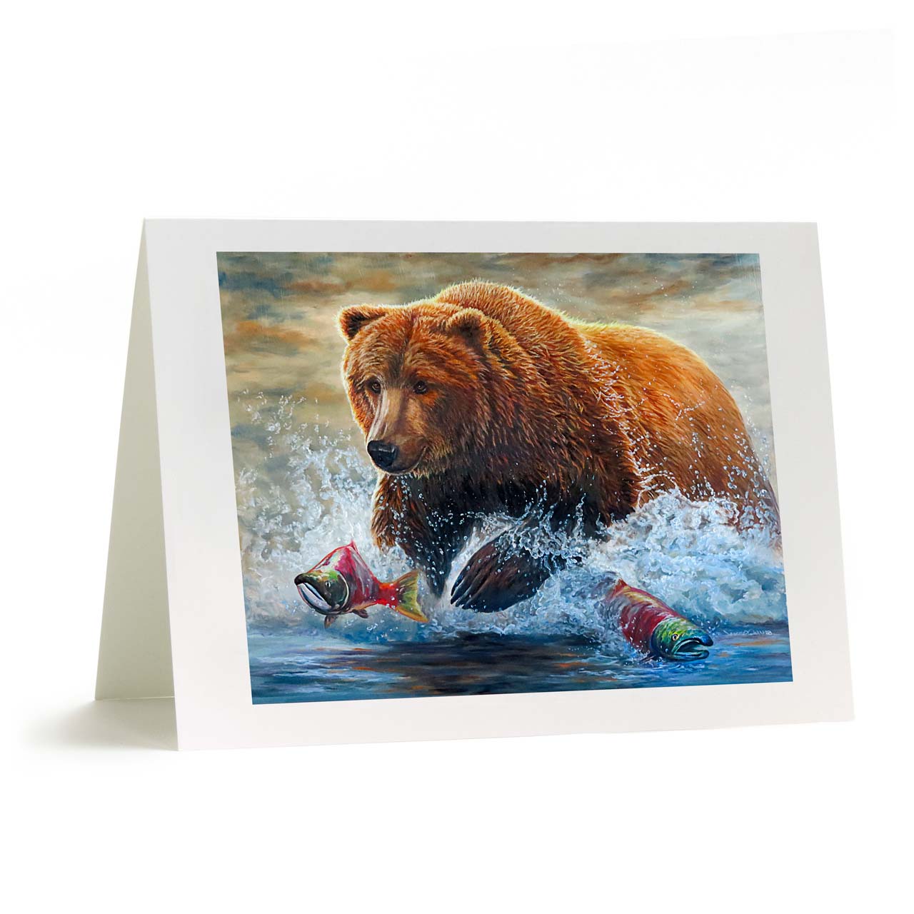 "Fast Food" - Grizzly Bear Catching Salmon Art Greeting Card