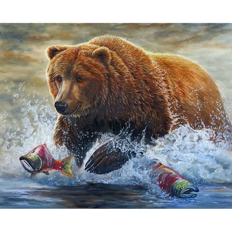 "Fast Food" - Grizzly Bear Catching Salmon Art Print