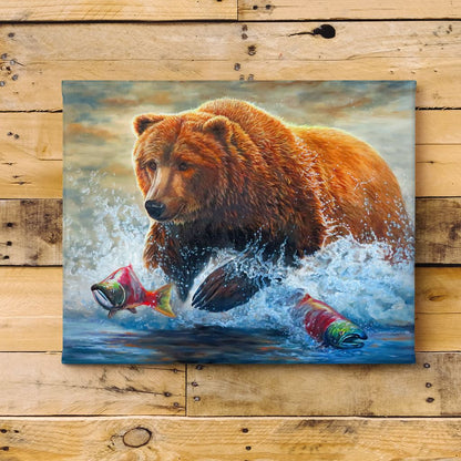 "Fast Food" - Grizzly Bear Catching Salmon Art Print