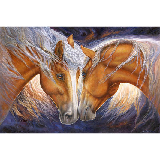 Two palomino horses nuzzling noses against a purple backdrop - by Wildlife Artist Jeanne Warren