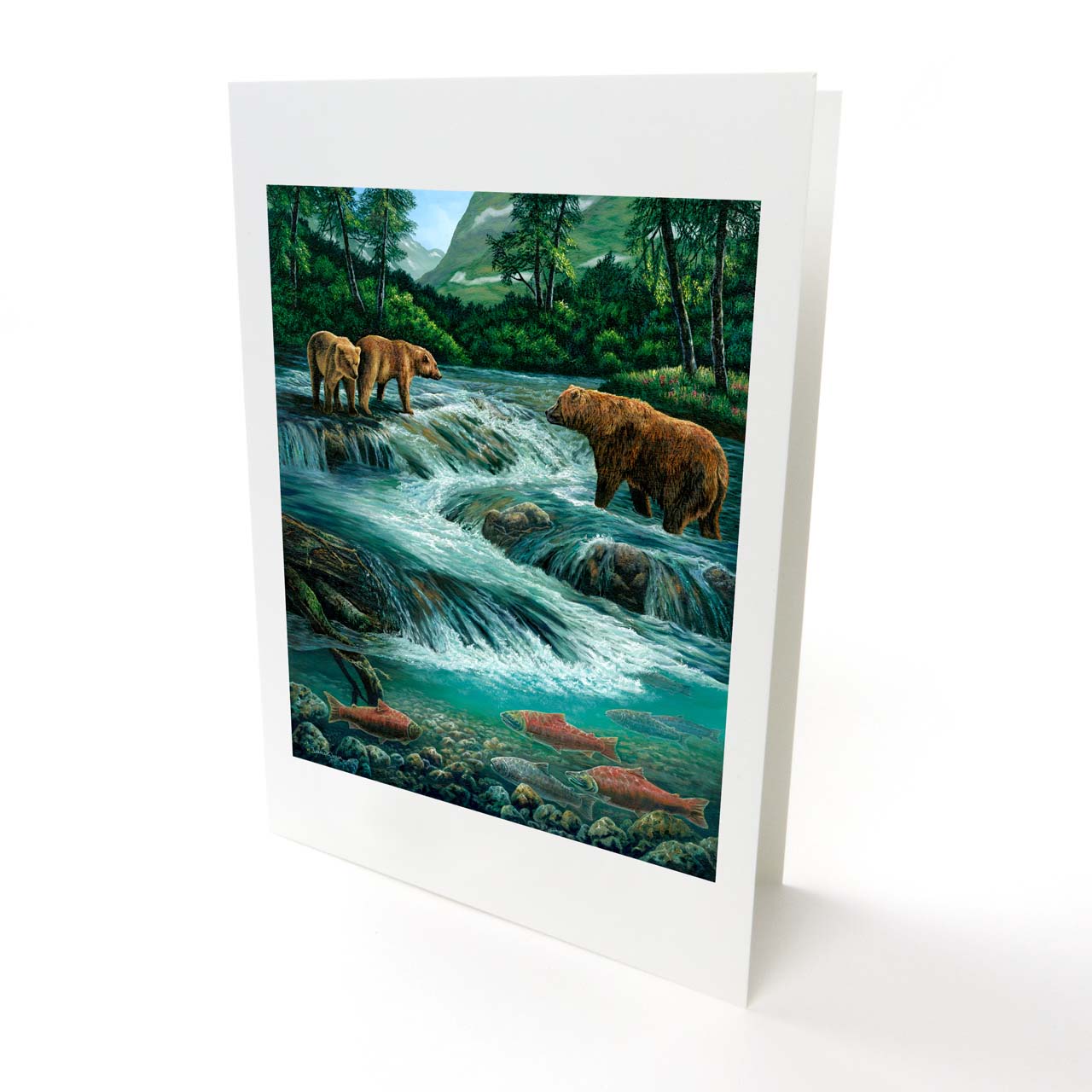 "Flowing Abundance" - Grizzly Bears and Salmon Art Greeting Card