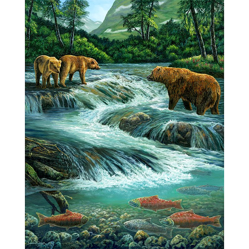 Three Alaskan grizzly bears fishing for salmon in wild river - by Wildlife Artist Jeanne Warren