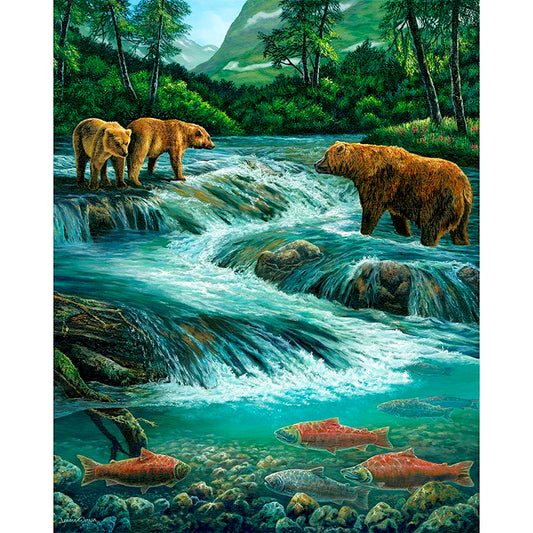 Three Alaskan grizzly bears fishing for salmon in wild river - by Wildlife Artist Jeanne Warren