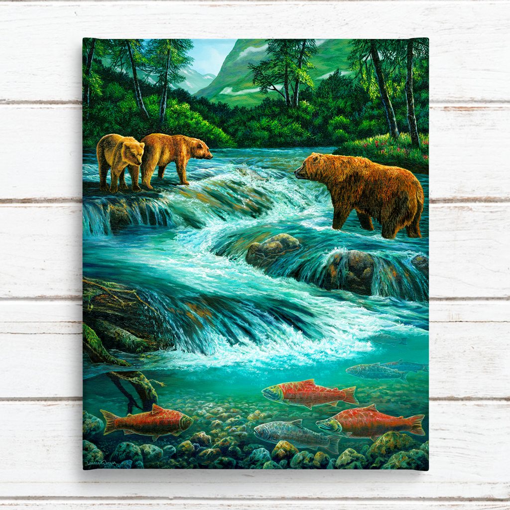 Three Alaskan grizzly bears fishing for salmon Canvas Print on white shiplap - by Wildlife Artist Jeanne Warren