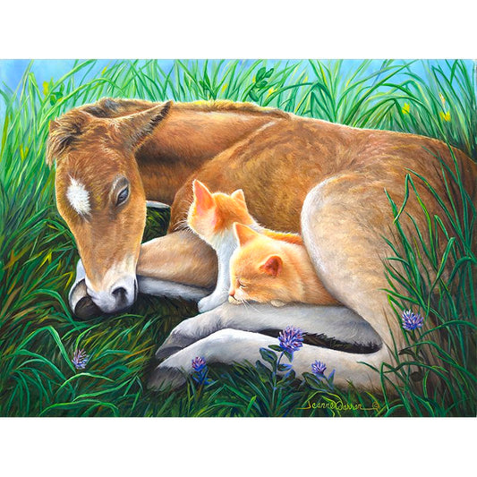 "Fuzz Nuzzlers" -  Baby Filly Horse and Orange Kittens Art Print