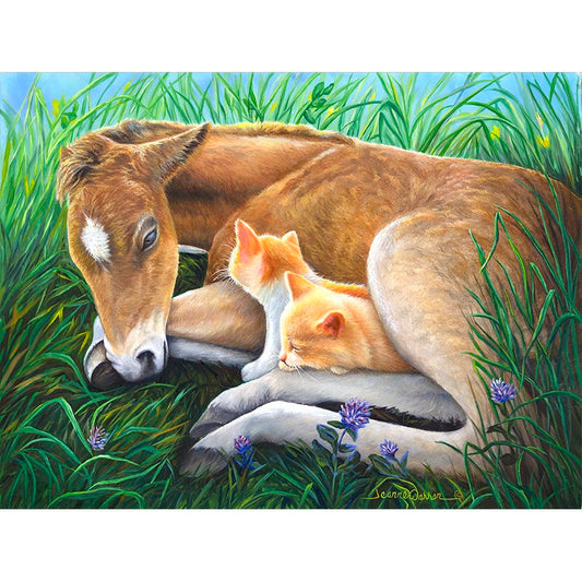 Baby Colt Horse and Orange Kittens sleeping in the grass. Original oil painting by Jeanne Warren