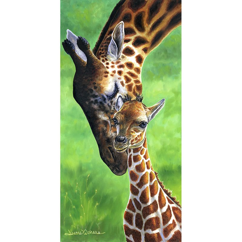 Giraffes" - Baby Giraffe Calf and Mom Art Print showing a tender moment between mother giraffe and baby against vibrant green background. Mother giraffe bends her spotted neck down to nuzzle her calf, showcasing their distinctive patterned fur in warm brown tones.