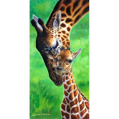Giraffes" - Baby Giraffe Calf and Mom Art Print showing a tender moment between mother giraffe and baby against vibrant green background. Mother giraffe bends her spotted neck down to nuzzle her calf, showcasing their distinctive patterned fur in warm brown tones.